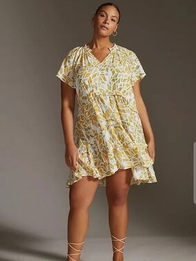 Anthropologie Robin Tiered Yellow Beachy Resort Mini Dress 2X